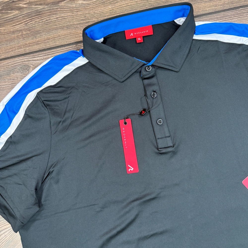 Redvanly Mens Sevigne Polo XL Tuxedo Black Blue Stripe Golf Shirt NWT R2512B